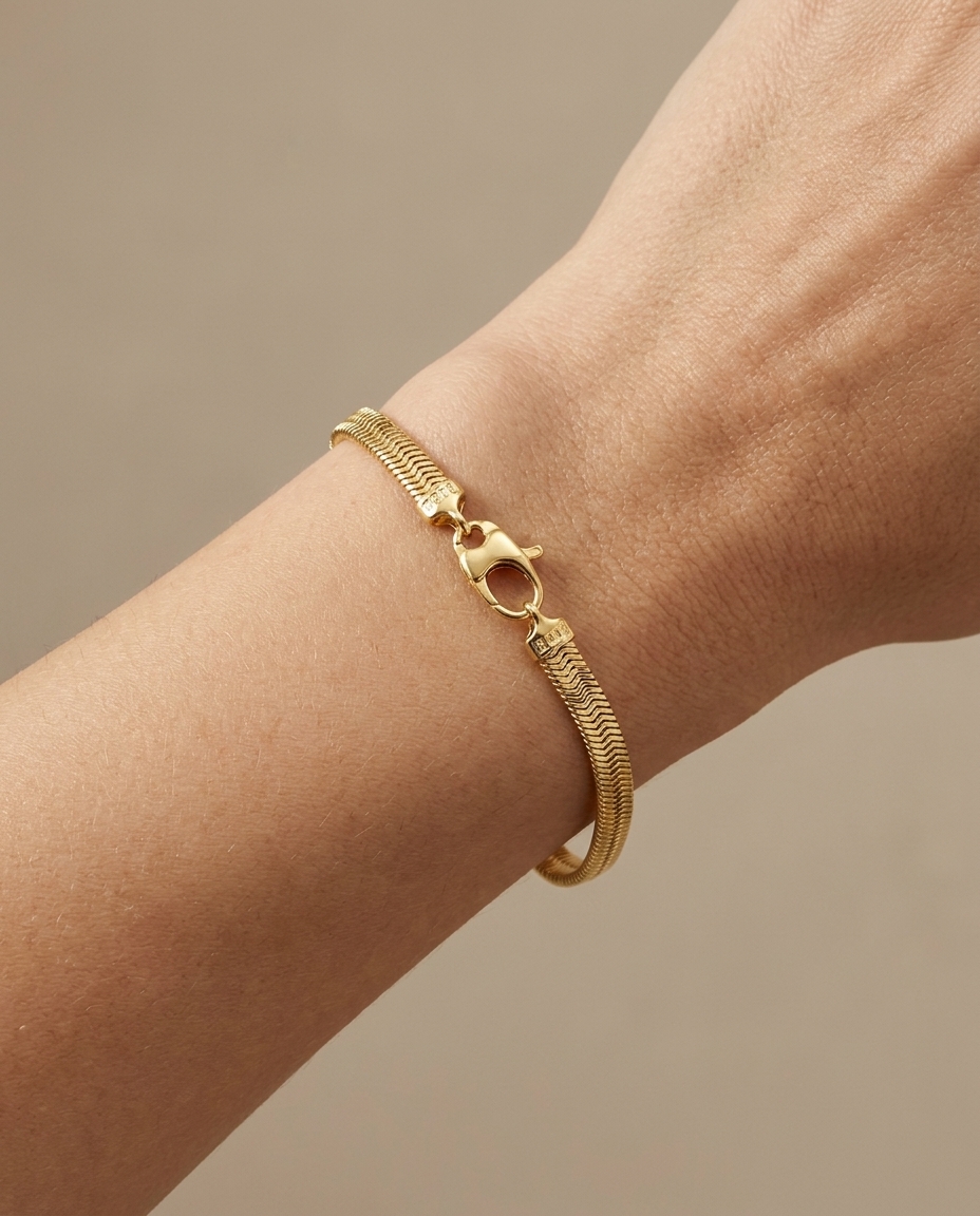 14KT Gold 6 MM Flate Snake Bracelet on model