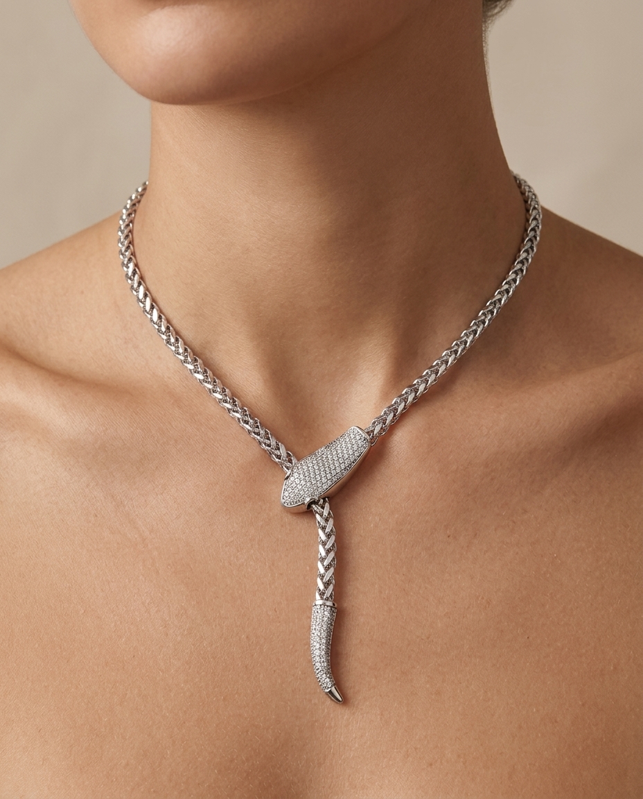 14KT White Gold Diamond Snake Necklace on model