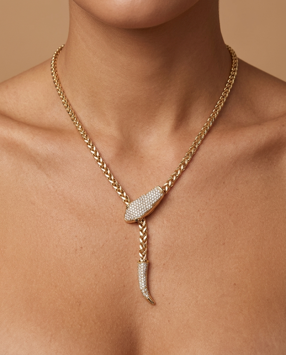 14KT Yellow Gold Diamond Snake Necklace on model