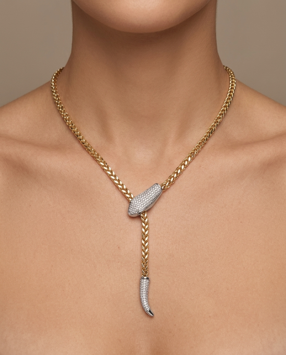 14KT Two Tone Diamond Snake Necklace on model