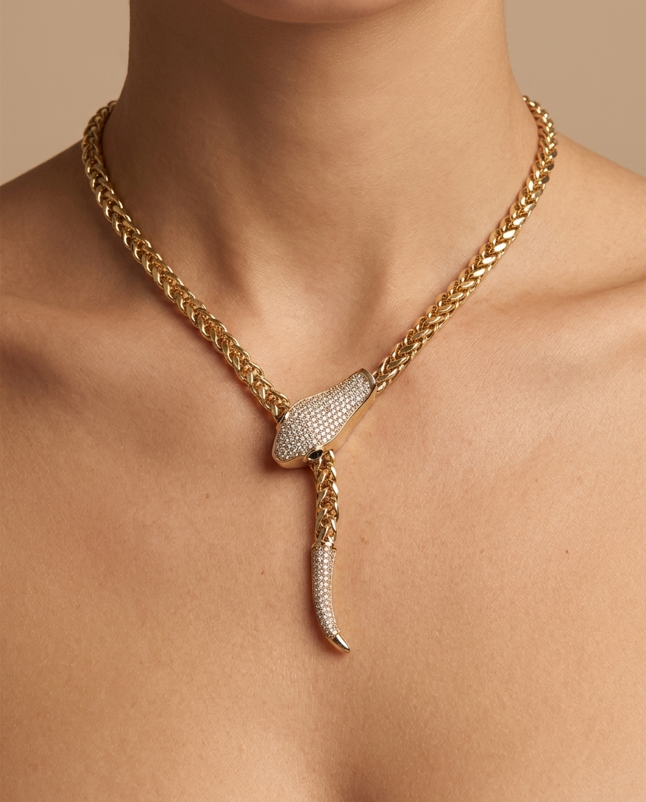 14KT Yellow Gold Diamond Snake Necklace on model