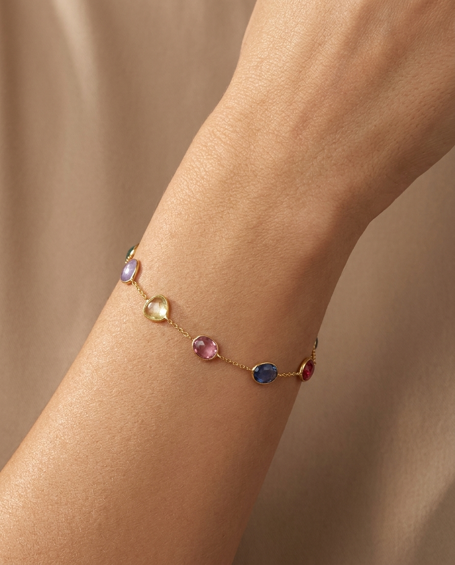 14KT Yellow Gold Rose Cut Multi Sapphire Station Bracelet on model