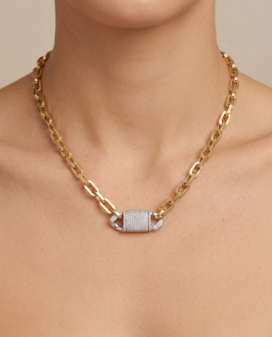 14KT Yellow Gold Diamond Necklace with Diamond Lock on model