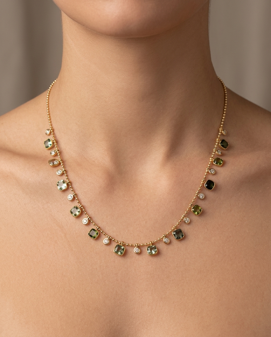 14KT Yellow Gold Green Sapphire and Diamond Dangling Necklace on model