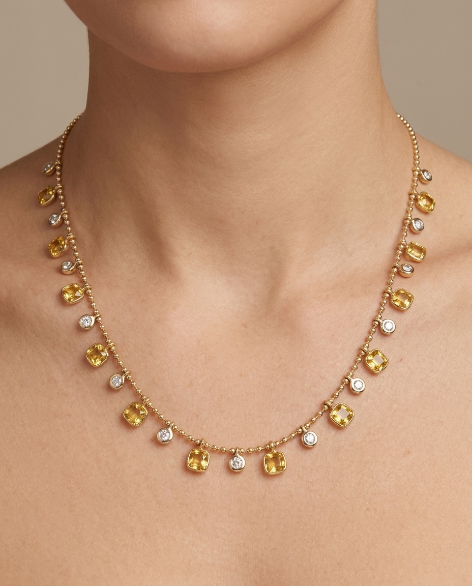14KT Yellow Gold Yellow Sapphire and Diamond Dangling Necklace on model