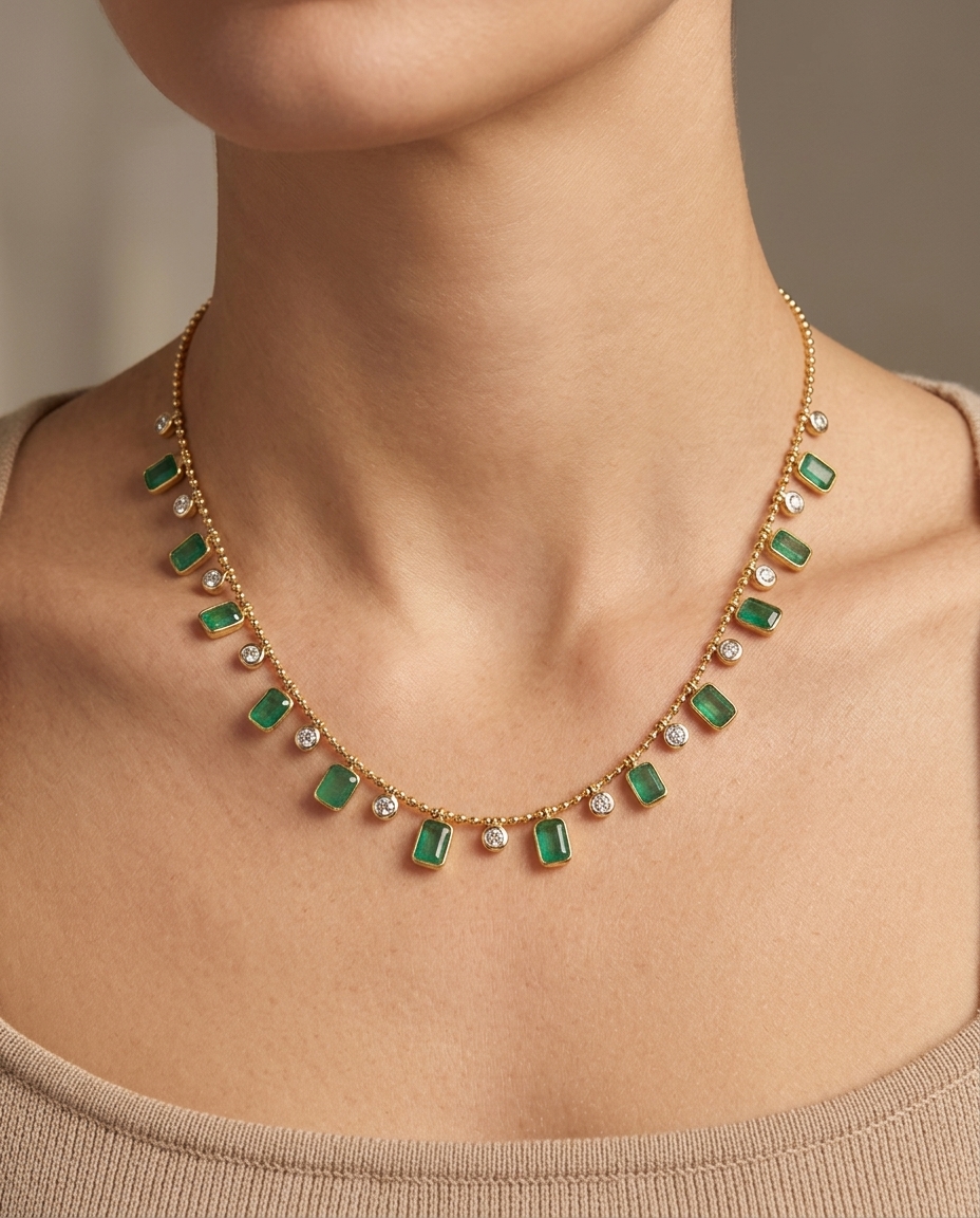 14KT Yellow Gold Emerald and Diamond Dangling Necklace on model