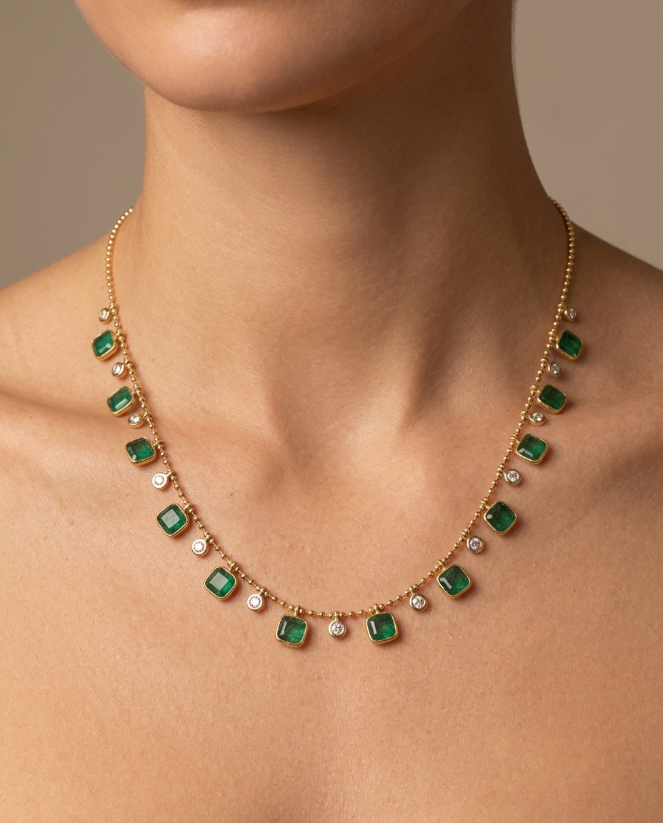 14KT Yellow Gold Emerald and Diamond Dangling Necklace on model