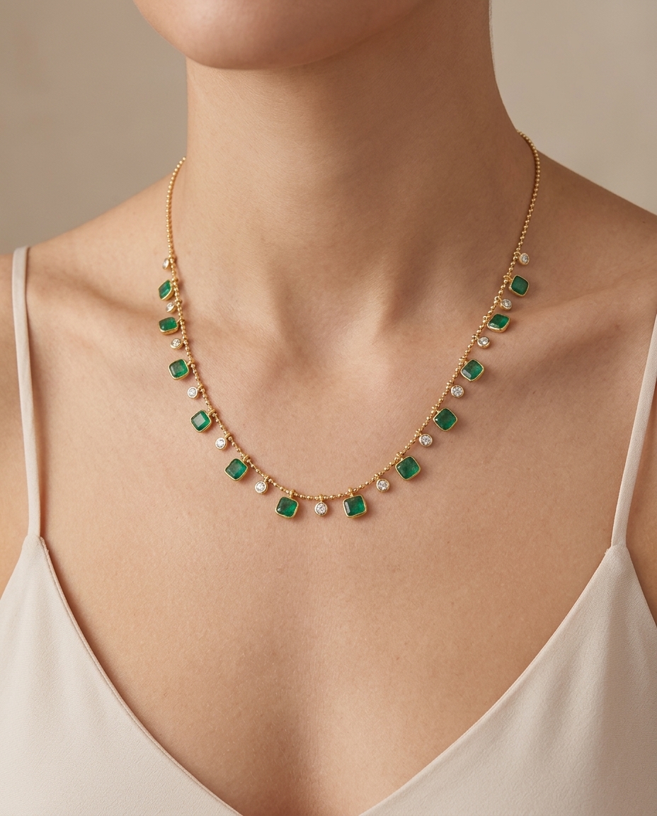 14KT Yellow Gold Emerald and Diamond Dangling Necklace on model