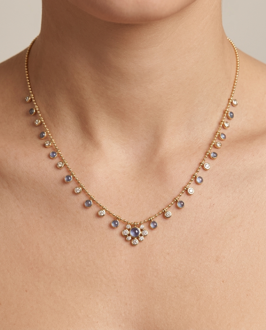 14KT Yellow Gold Round Shape Sapphire and Diamond Dangling Necklace on model