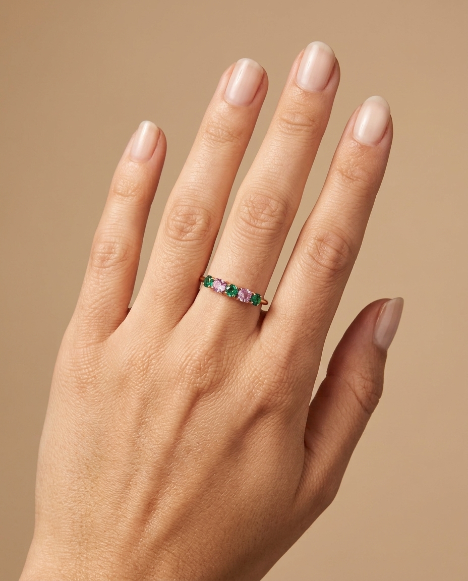 18KT Rose Gold Emerald and Pink Sapphire Ring on model