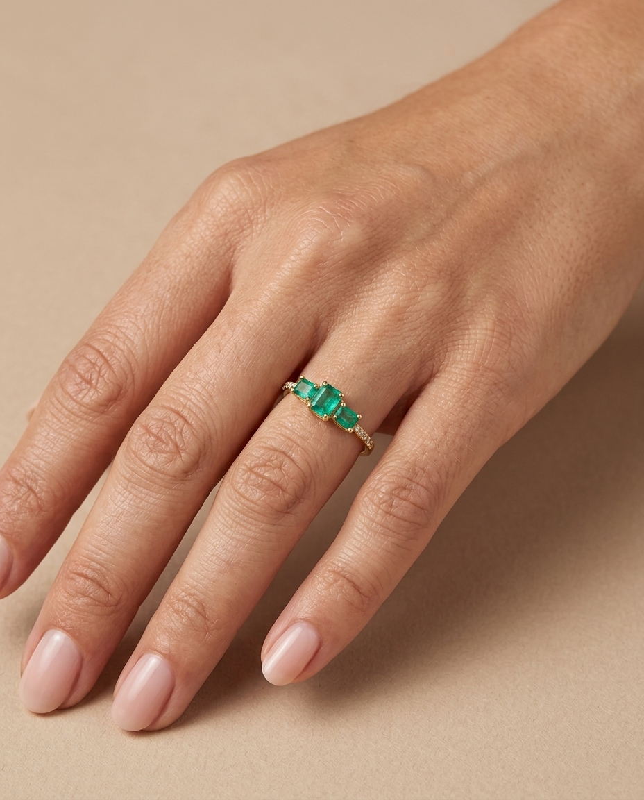 18KT Yellow Gold Emerald and Diamonds Ring on model