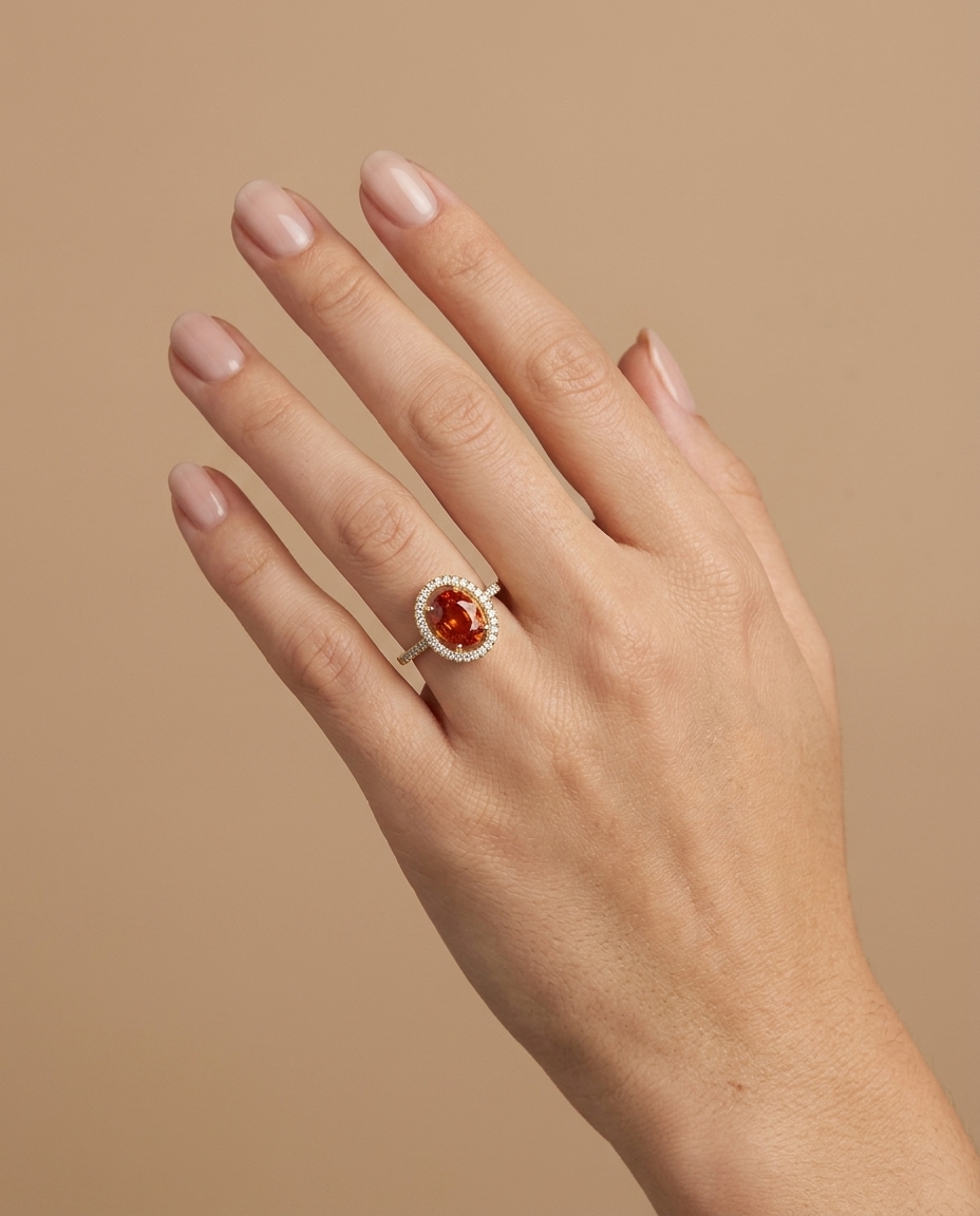 14KT Yellow Gold Orange Sapphire and Diamonds Ring on model