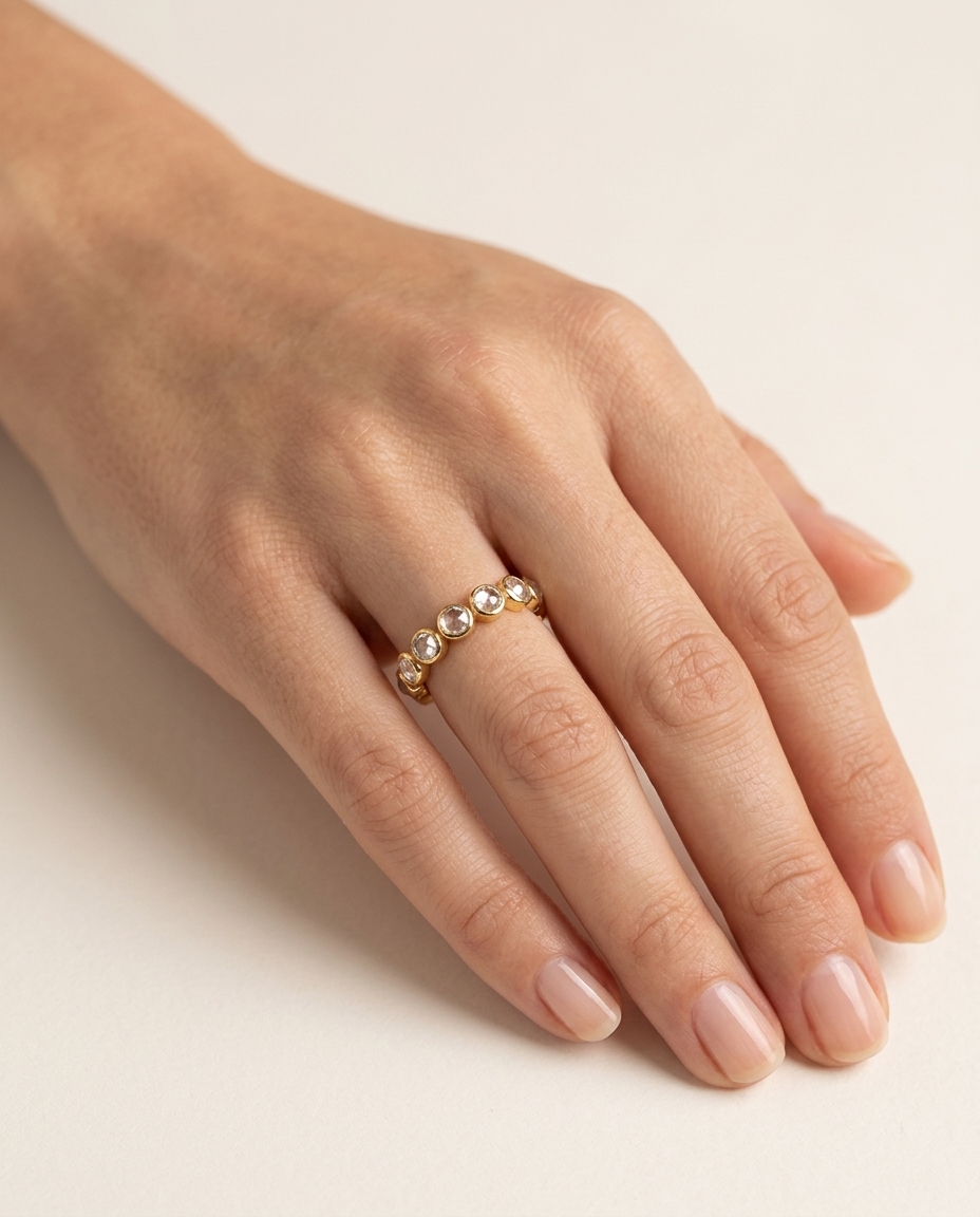 18KT Yellow Gold White Sapphire Ring on model