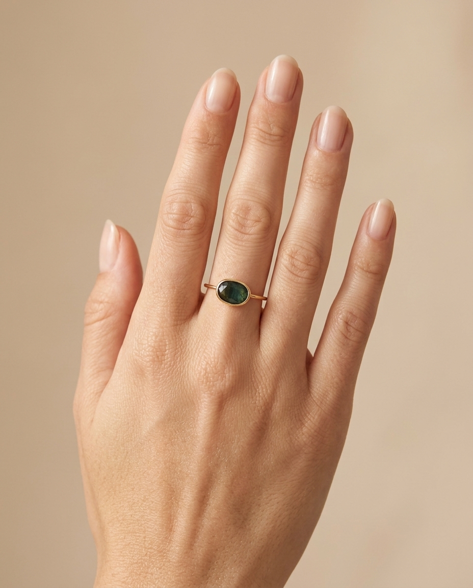 14KT Yellow Gold Green Sapphire Ring on model