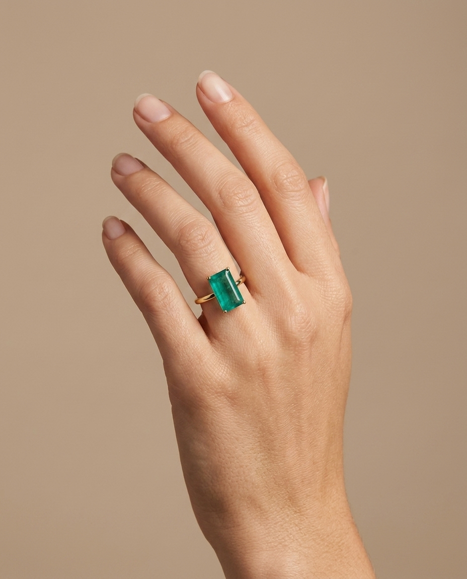 14KT Yellow Gold Emerald Ring on model
