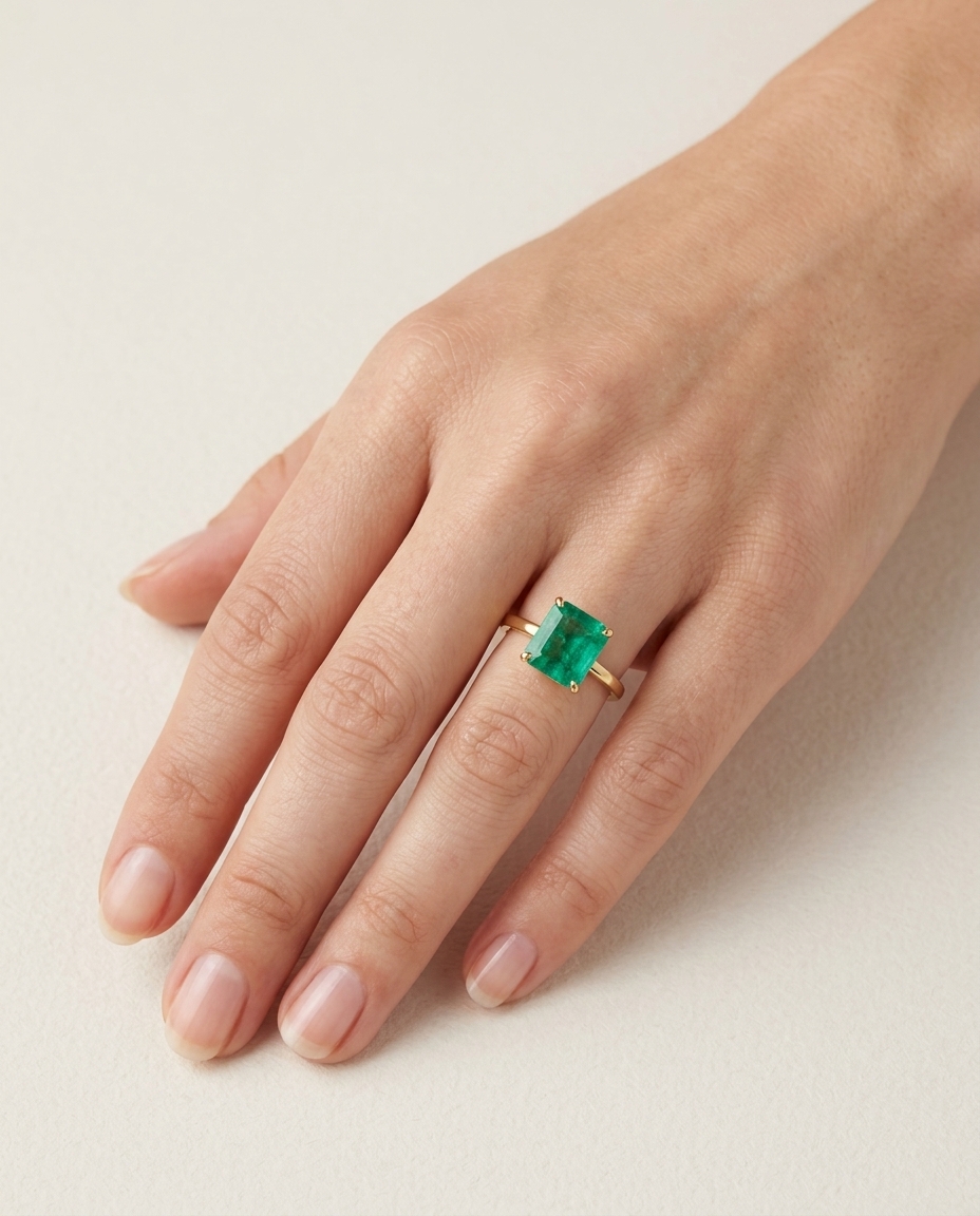 14KT Yellow Gold Emerald Ring on model