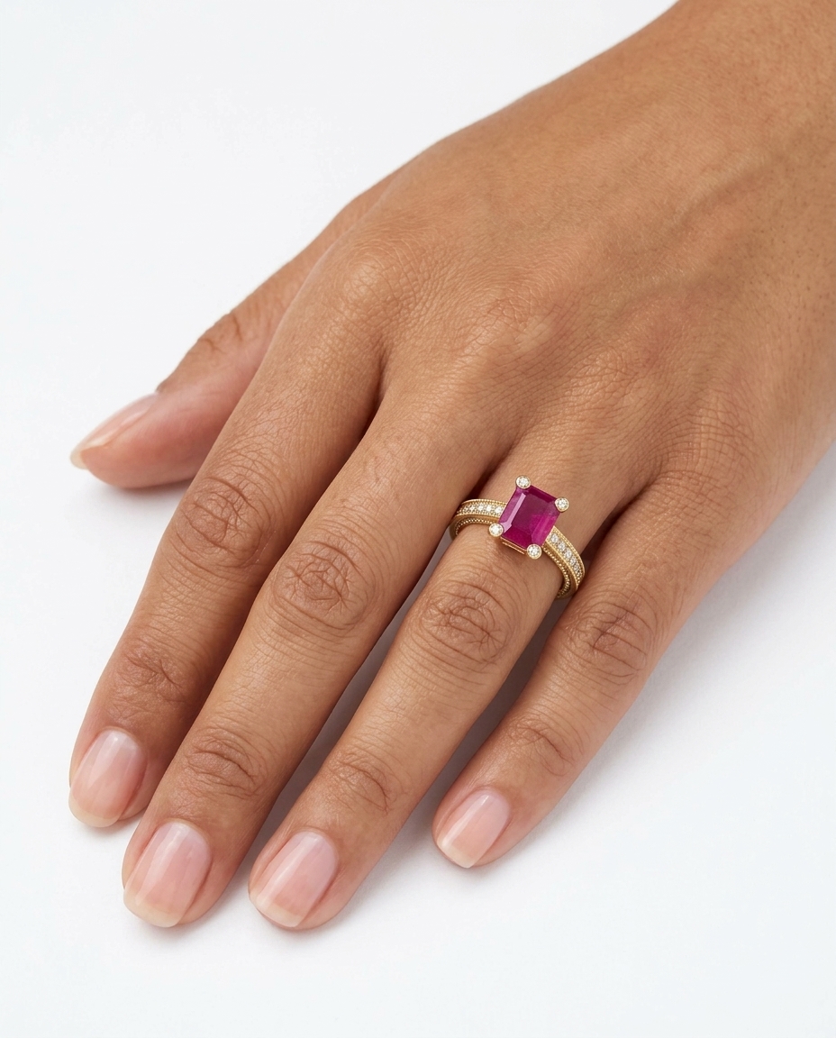 14KT Yellow Gold Ruby and Diamonds Ring on model