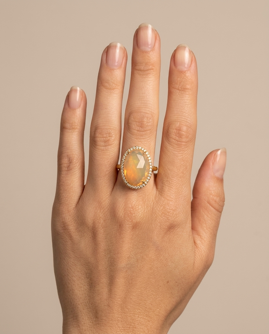 18KT Yellow Gold Opal and Diamonds Ring on model