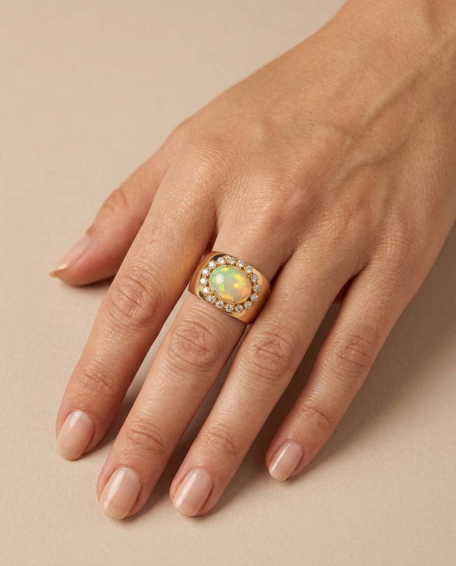 14KT Yellow Gold Opal and Diamonds Ring on model