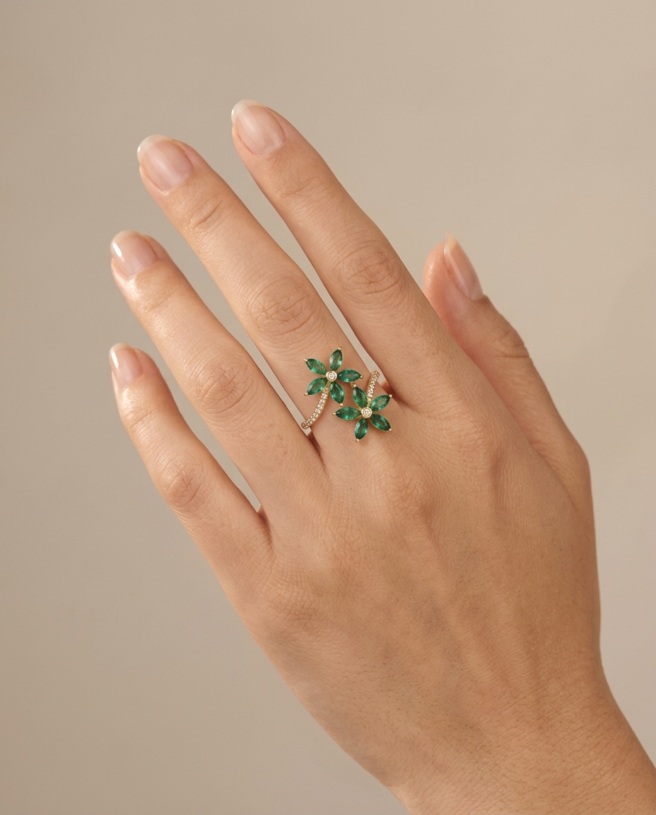 14KT Yellow Gold Emerald and Diamonds Ring on model