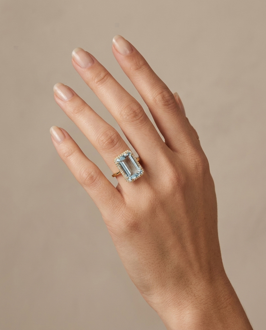 18KT Yellow Gold Aquamarine and Diamonds Ring on model