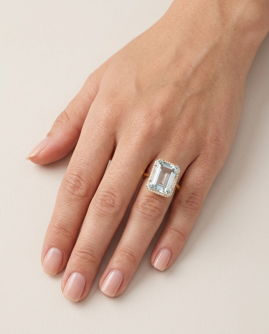 18KT Yellow Gold Aquamarine and Diamonds Ring on model