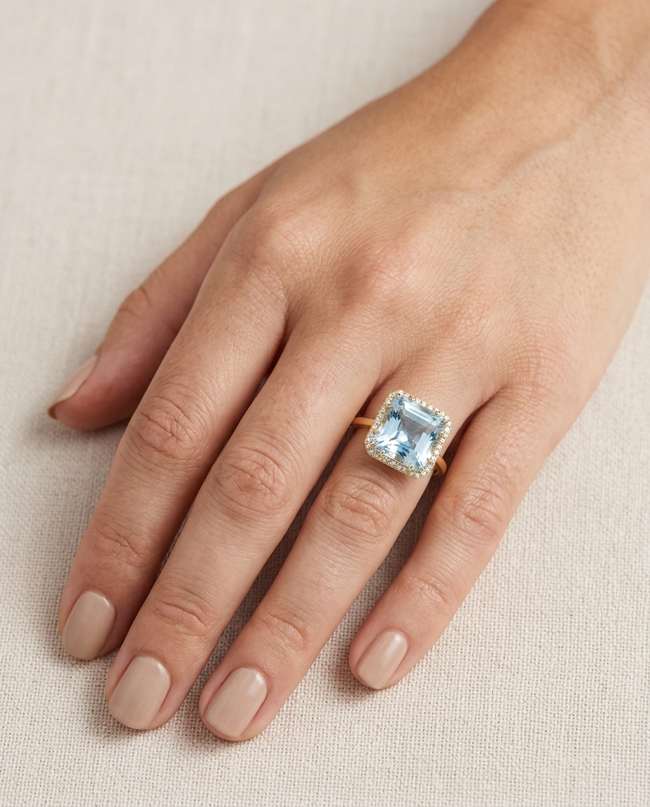 18KT Yellow Gold Aquamarine and Diamonds Ring on model