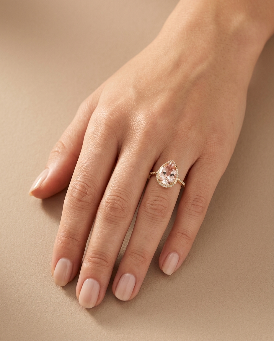18KT Yellow Gold Morganite and Diamonds Ring on model