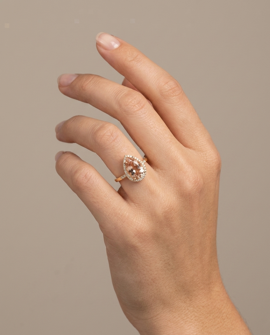18KT Yellow Gold Morganite and Diamonds Ring on model