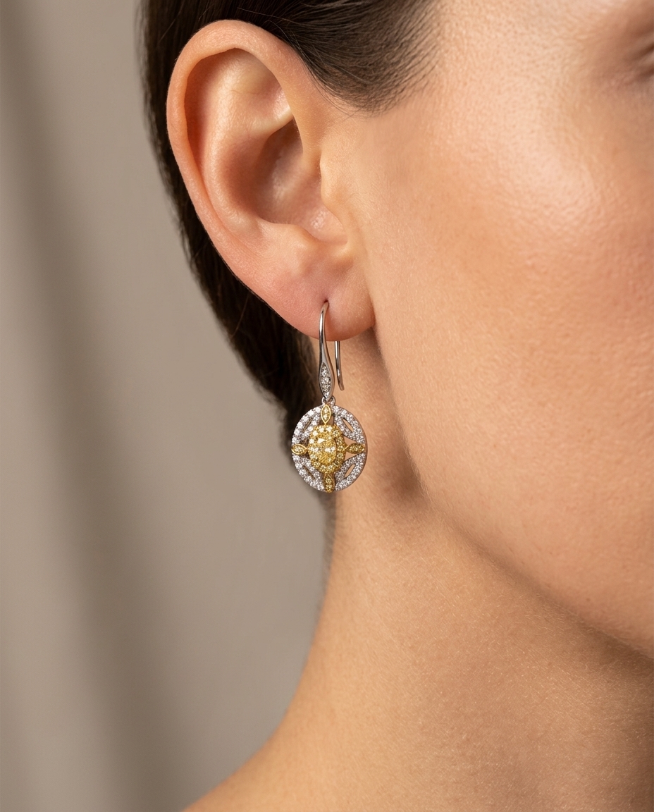 14KT White Gold Yellow and White Diamond Earring on model