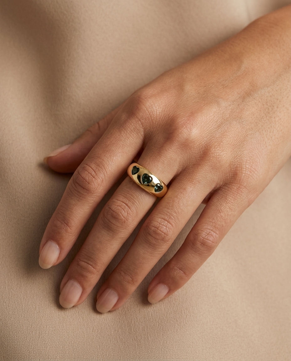 14KT Yellow Gold Green Sapphire Heart Shape Gypsy Ring on model
