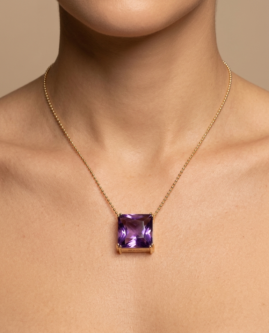 14KT Yellow Gold Amethyst Necklace on model