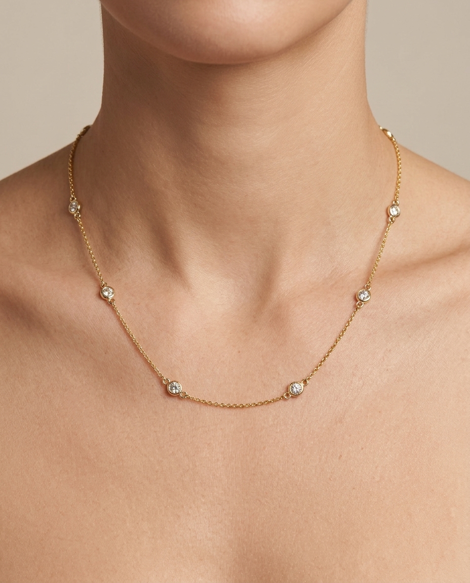 14KT Gold Diamond Station Necklace on model