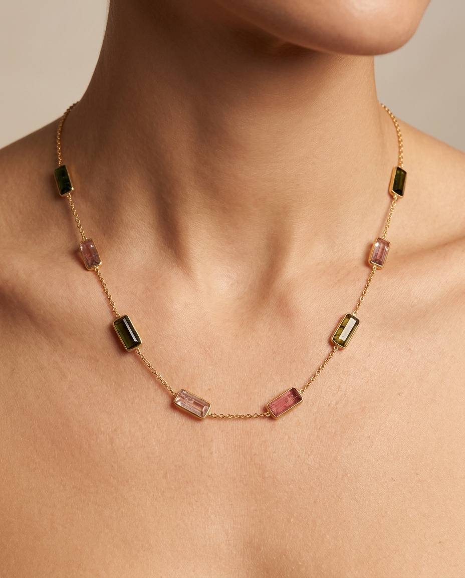 18KT Yellow Gold Tourmaline Station Necklace 12.50CT on model