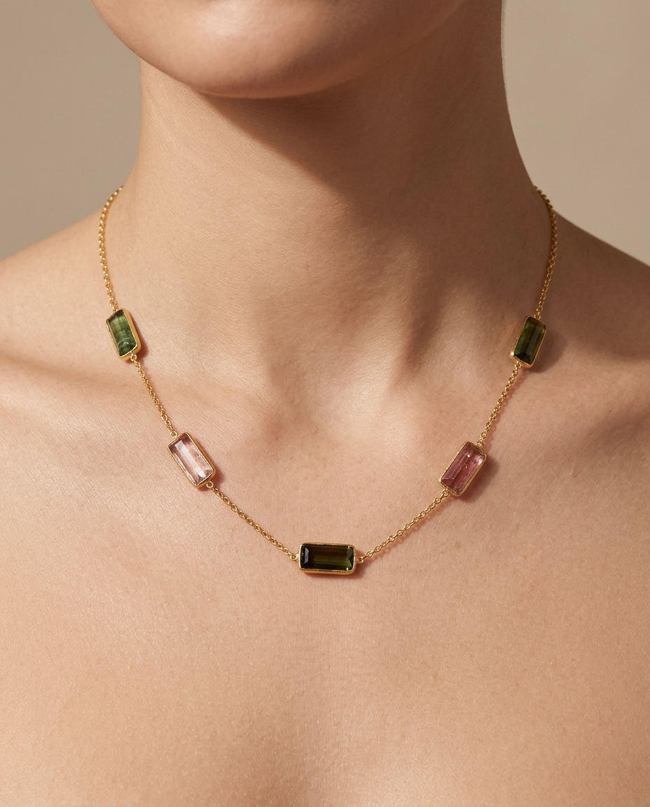 18KT Yellow Gold Tourmaline Station Necklace 10.50CT on model