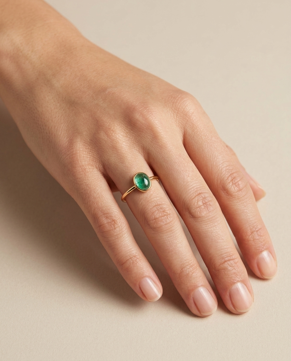 18KT Yellow Gold Emerald Oval Ring on model