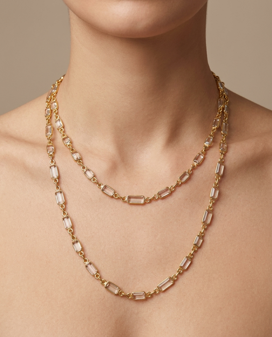 18KT Multi Tourmaline Baguette Shape Necklace 28" on model
