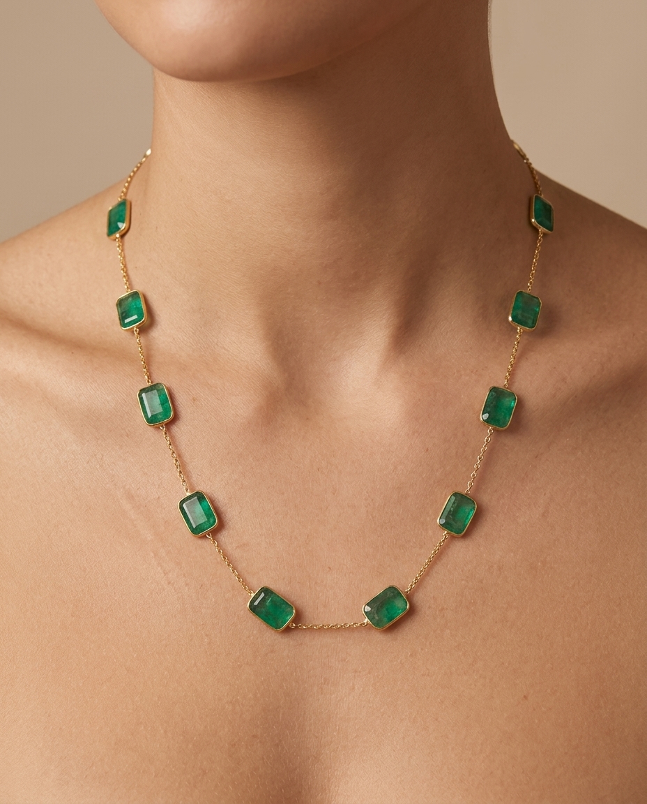 18KT Yellow Gold Bezeled Emerald Necklace on model