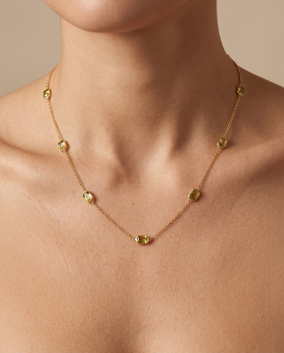 18KT Yellow Gold Bazeled Sapphire Station Necklace 24" on model