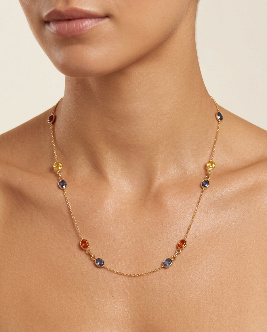 18KT Yellow Gold Bezeled Multi Sapphire Station Necklace 18" on model