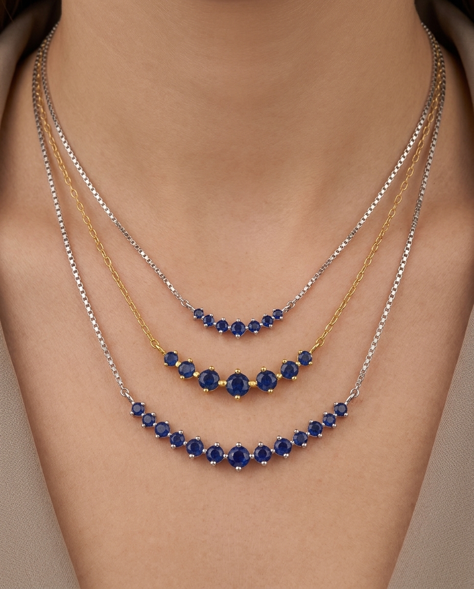 14KT Yellow Gold Blue Sapphire Necklace on model