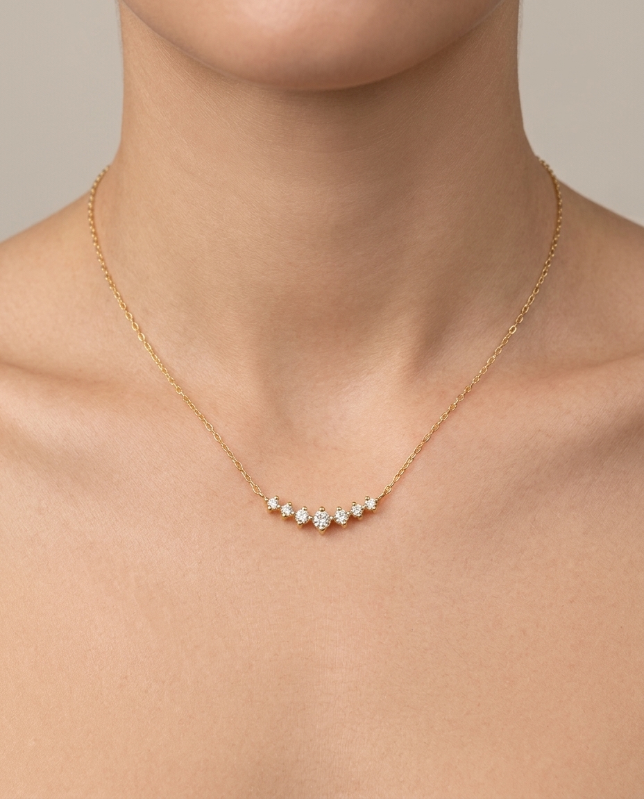 14KT Yellow Gold Curved Bar Diamond Necklace on model