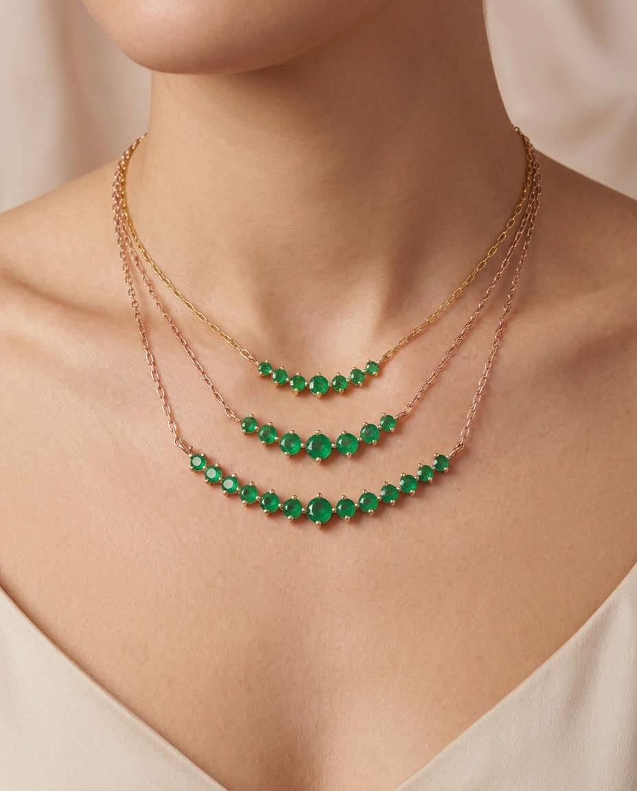 14KT Yellow Gold Emerald Necklace on model