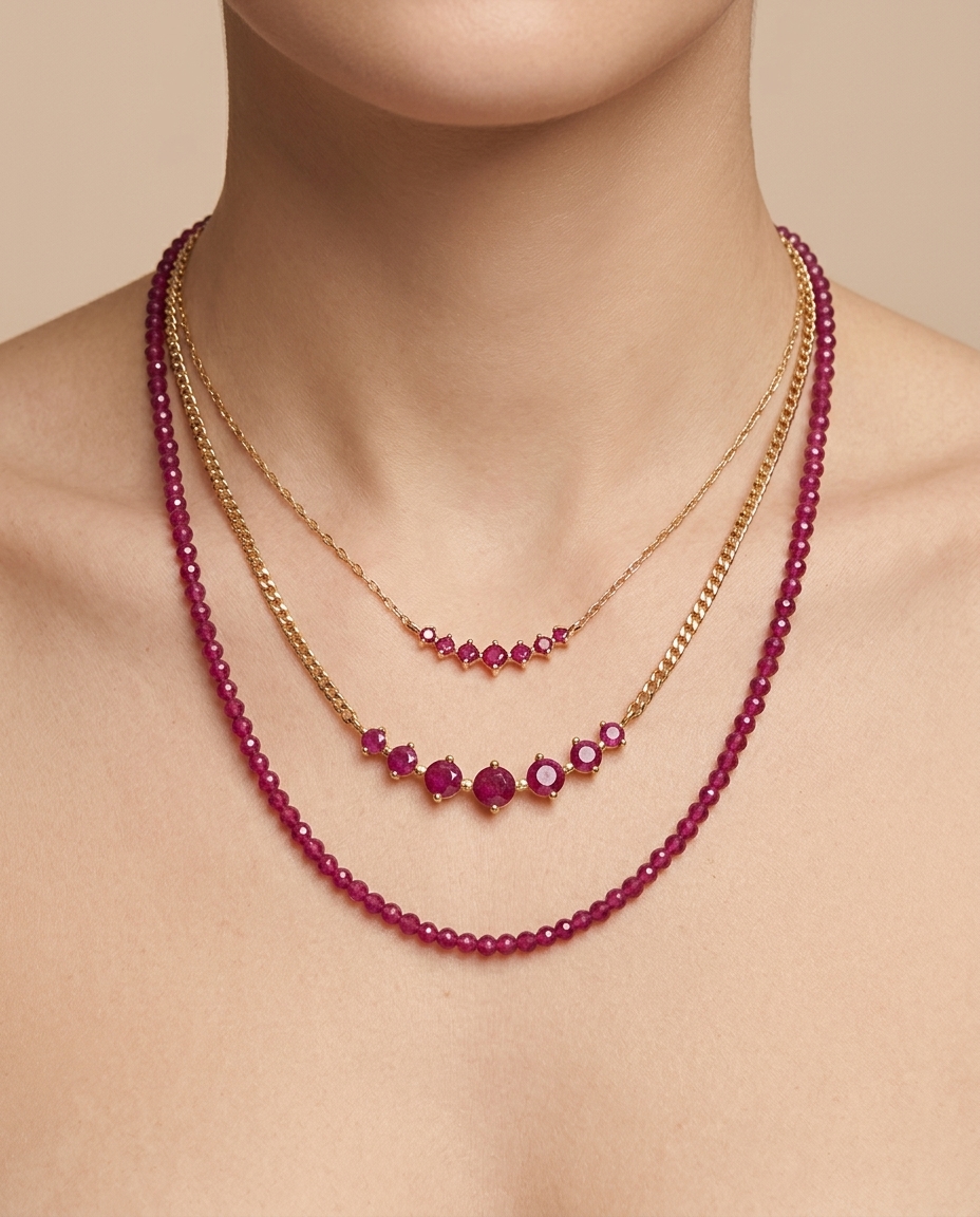 14KT Yellow Gold Ruby Necklace on model
