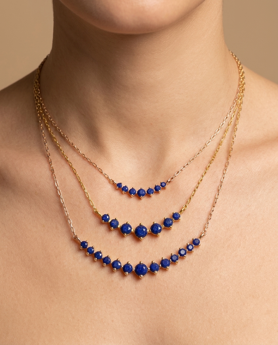 14KT Yellow Gold Blue Sapphire Necklace on model