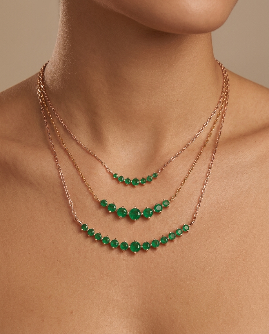 14KT Yellow Gold Emerald Necklace on model