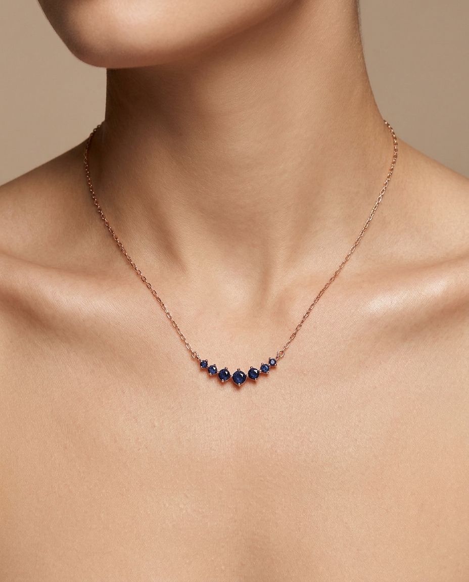 14KT Gold Blue Sapphire Necklace on model