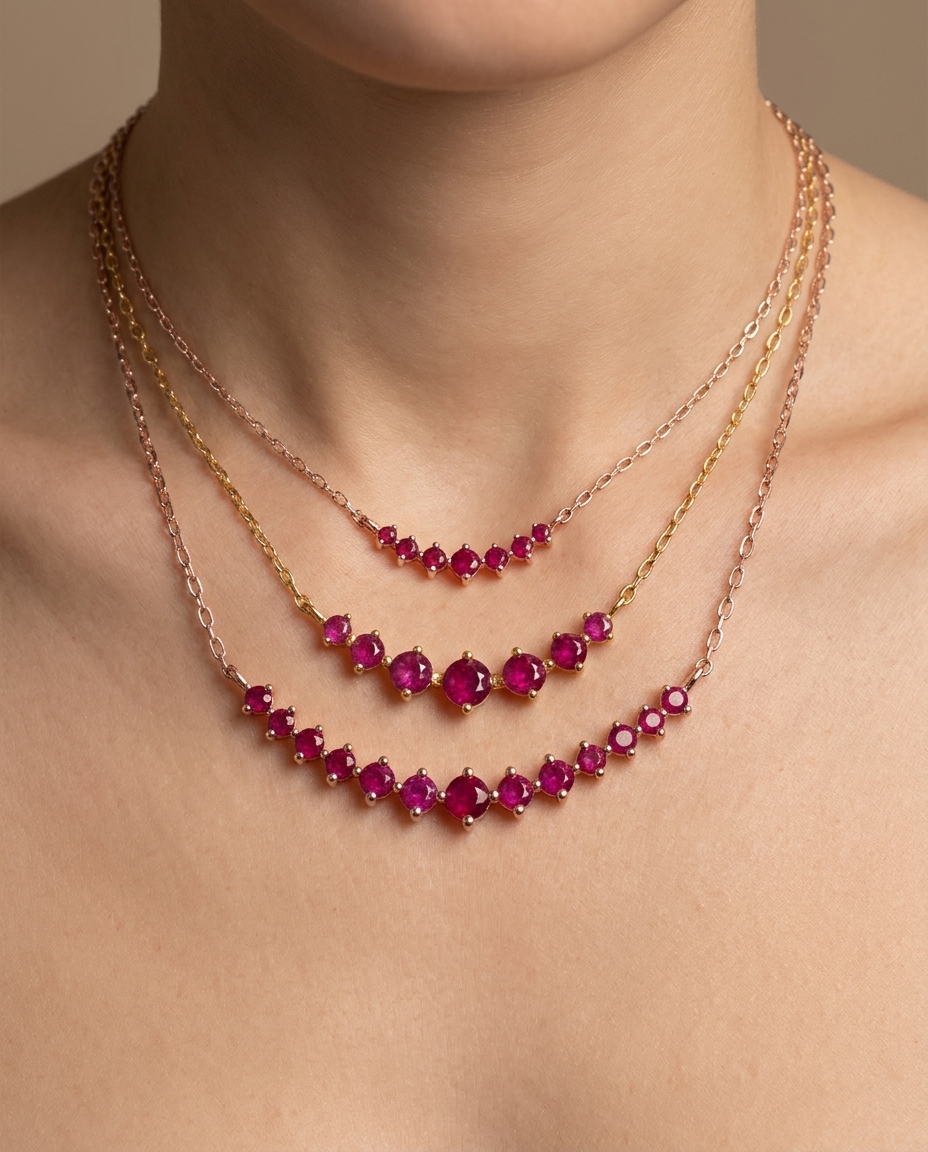 14KT Yellow Gold Ruby Necklace on model