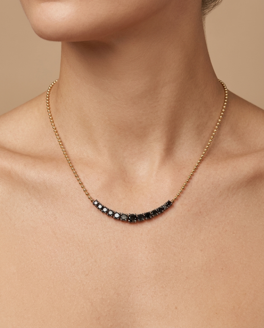 14KT Yellow Gold Black Diamond Ball Chain Necklace on model