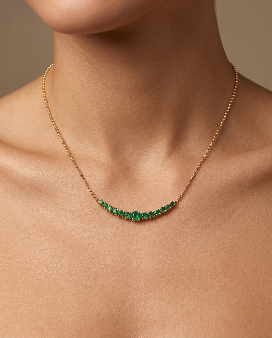 14KT Yellow Gold Emerald Ball Chain Necklace on model